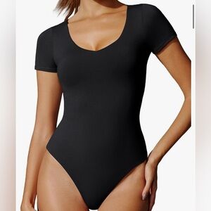 Black Bodysuit Tummy Control ShortSleeve VNeck Compression Slimming Thong Medium